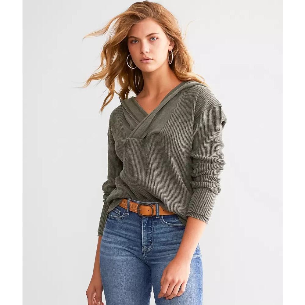 BKE Olive Green Waffle Knit Hooded Top Raw Hem  Boho Medium - Picture 4 of 6